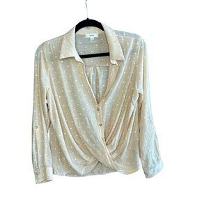 Mine Coastal Beige White Polka Dot Twist Wrap Front Blouse Size Small